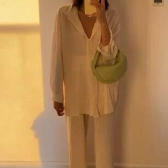 BUTTON DOWN SLIT HEM BLOUSE AND WIDE LEG PANTS TEXTURED SUMMER LOUNGE STREETWEAR - Picture 4 of 12